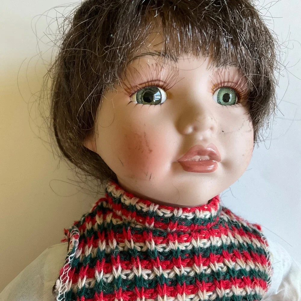 Vintage Porcelain Boy Doll Green‎ Eyes Knit Vest Corduroy Pants 12